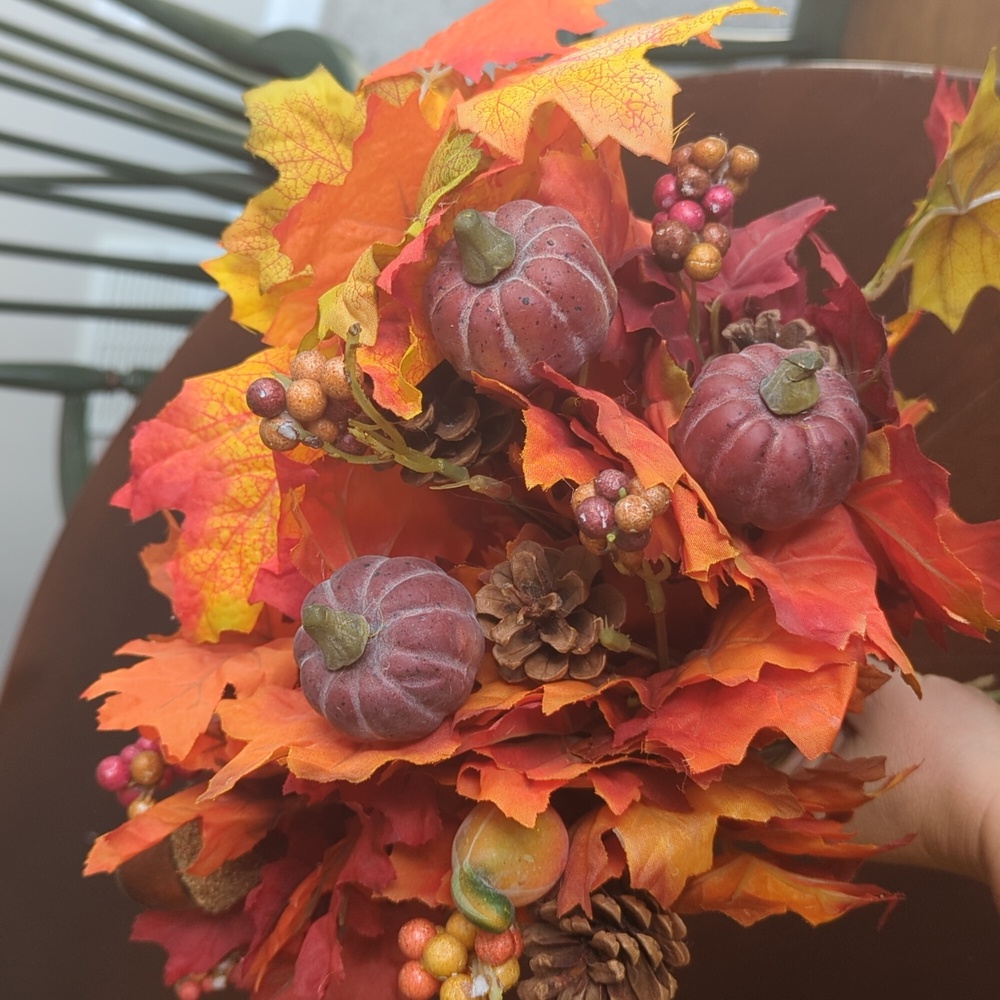 Autumn Harvest Fall Garland with Orange & Red Leaves and Pumpkin Accents